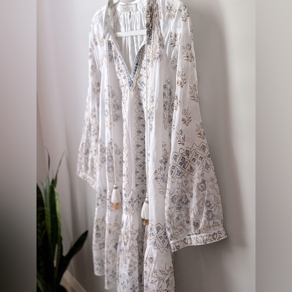 BELLA TU White Blue Gold Summer Tunic Tassel Cotton Resort Swim Dress | L - Picture 10 of 12